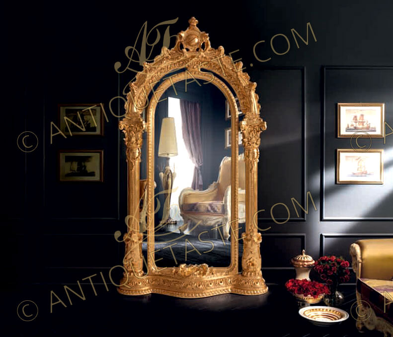 Two meters and half - Opulent 19th century Italian Renaissance Rococo style double frame floor grand entrance mirror, hand carved and gilded with 18th carat French gold foils and patinated, The Romanesque style pier mirror with a domed top crested with a fine royal crown above a well sculpted helical edges escutcheon amidst Rocaille shell and acanthus leaves flanked by scrolled tobacco leaves on the outer cornice issuing blossoming laurel festooned garlands pendants on the frame centre above a Cyma Recta motif to the inner cornice border, The upper domed frame terminates with a Cyma Recta motif and connects to Corinthian capitals fluted columns supports on both sides with a Rococo base of shells, tobacco leaves volutes, imbricated bay leaves, acanthus leaves, berried laurel wreath festooned pendants and blossoming flowers and beaded gadroons, resting on a serpentine shaped plinth carved with large Cyma Recta motifs, leaf-and-dart on cyma reversa and pearls, surmounted with a large intricate shell amidst blossoming flowers and laurel branches, The mirror plate within a second moulded frame of berried laurel wreath trailing and pearls encadrement to the inner border, A Magnificent piece of art revisits the decorative opulence of Italian Renaissance style, as well as its ornamental Italian Rococo repertoire